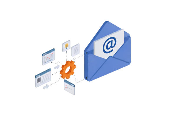 Illustration of intelligence signals being processed and delivered via email.